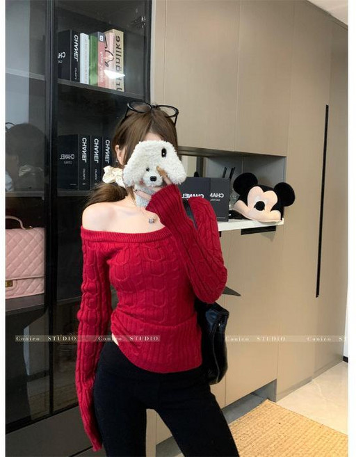 秋冬復古麻花修身露肩打底毛衣女