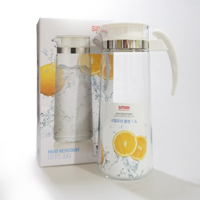 시맥스 내열유리물병 1.4L 저그 물통 안전한 투명물병 음료수 슬림디자인 우유 주스, 1개