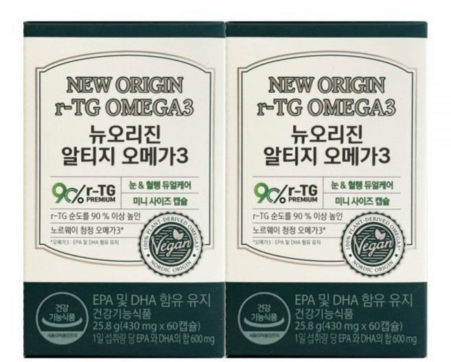 뉴오리진 rTG 알티지 오메가3 430mg x 60캡슐 x 2박스 2개월분, 60정