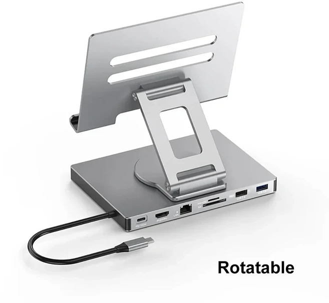 7-in-1 태블릿 브래킷 도킹 스테이션 USB C 허브 USB 3.0 허브 타입 C to HDMI 어댑터 4K30Hz 100Mbps PD10, 01 7-in-1 Rotatable