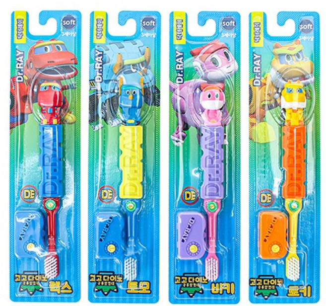 닥터레이 고고다이노 칫솔 세트 공룡 유아 어린이 공룡탐험대 렉스 로키 토모 비키 장난감, 렉스, 로키, 토모, 비키, 1개입, 4개