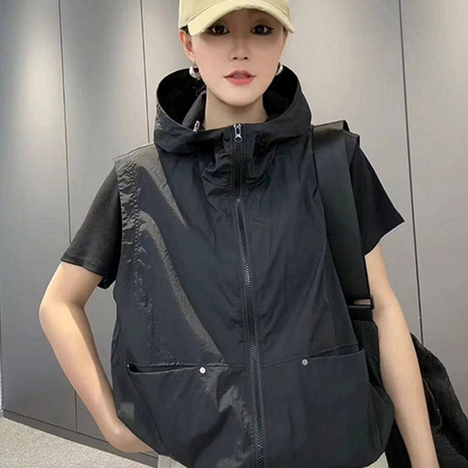 후드 여성여름조끼 포켓 민소매 아노락 집업 바람막이 유럽스타일 여성 후드조끼 여름 루즈핏