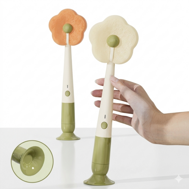 쭁쭁이네 꽃모양 다용도 컵 세척 브러쉬 3in1 1+1, 2개, 아이보리+오렌지