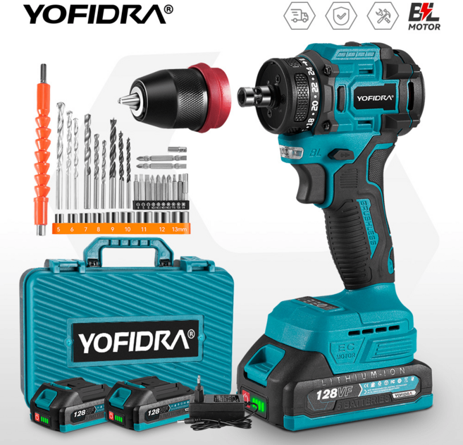YOFIDRA 2in1 브러시리스 무선 임팩트 드라이버 드릴 전동 공구 구성품 포함 세트, 2세트
