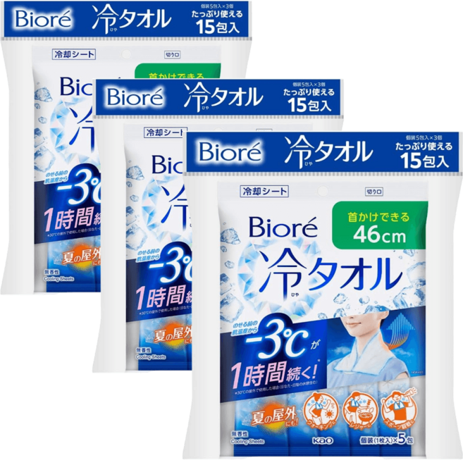 비오레 사라사라 쿨링시트 냉티슈 냉타올 냉각시트 일본 데오도란트 땀제거 쿨티슈, 3개