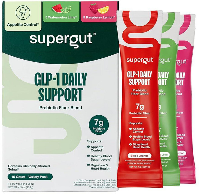 Supergut GLP1 데일리 서포트 버라이어티 팩 - 여성 및 남성용 고섬유 GLP-1 보충제 파우더 장 건강 소화 지원을 위한 무설탕 음료 믹스 (15회분), 블러드 오렌지/워터멜론 라임/라즈베리 레몬, 15회분, 1개