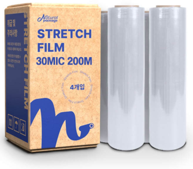 내츄럴패키지 스트레치필름 30mic 500mm 200m 공업용랩 포장랩 국내공장제조, 4개입