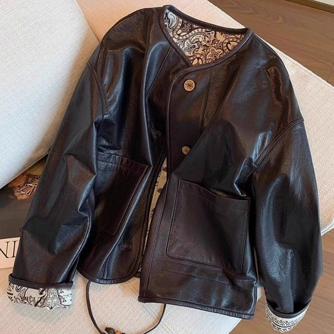 여성 노카라 가죽 레더 자켓 루즈핏 데일리 라이더 재킷 점퍼 아우터