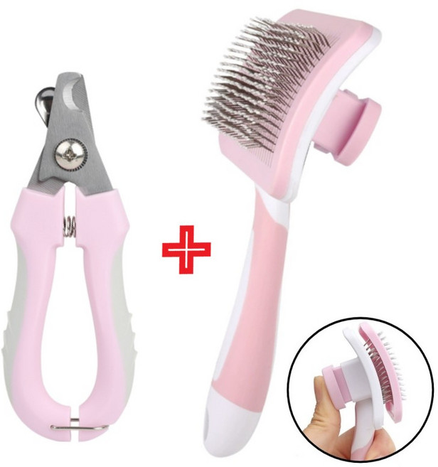 하루모리 반려동물 털제거 원터치브러쉬 발톱깎이세트, 1세트, 핑크
