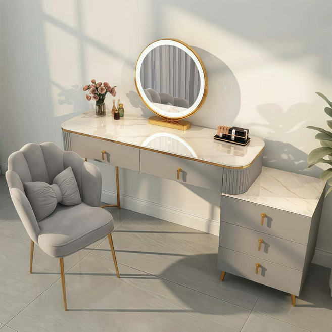 (무료 설치) 다용도 화장대 입식화장대세트 미니 화장대 북유럽 화장대 (화장대+수납장+LED거울+화장의자) 삼색가구 DA-182-S, 그레이, 120CM-B, 화장대+수납장+의자+1.8mKC 전원코드