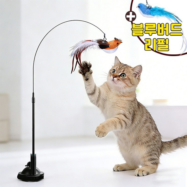 고양이 새 장난감 사냥 놀이 고정 튼튼 낚시대, 1개, 오렌지버드 세트+블루버드리필