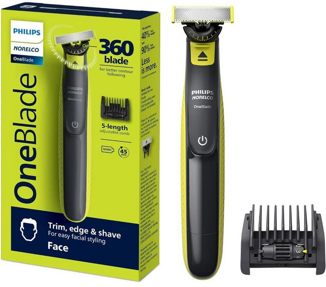 필립스 원블레이드 360 하이브리드 페이스 전기 수염 트리머 면도기 블레이드 5in1, OneBlade 360 페이스 커넥티드, 블랙   라임 그린