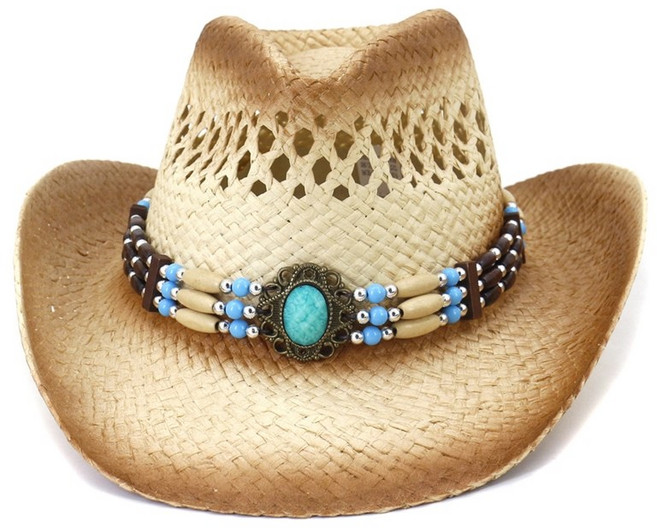 속이 빈 밀짚 직조 카우걸 모자 참신 카우보이 모자 여름 해변 모자 카우걸 모자 서양 멋진 드레스 액세서리