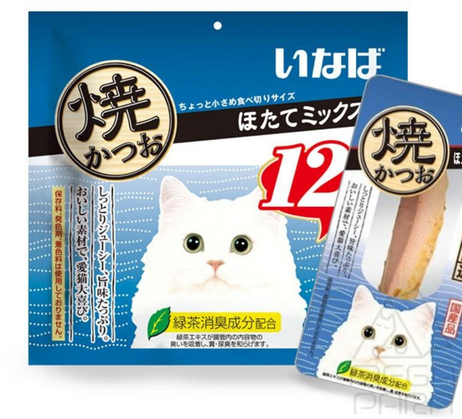 메가사라 이나바 챠오 야끼가츠오 가리비관자 믹스 12P QSC-25 고양이먹이, 1개, 12g