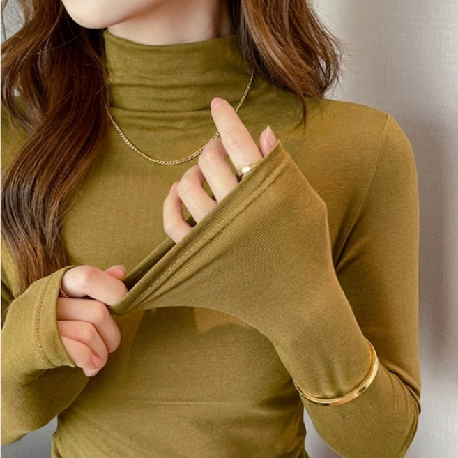 패피샵 부드러운 비스코트 텐셀 반목 폴라 니트 티셔츠