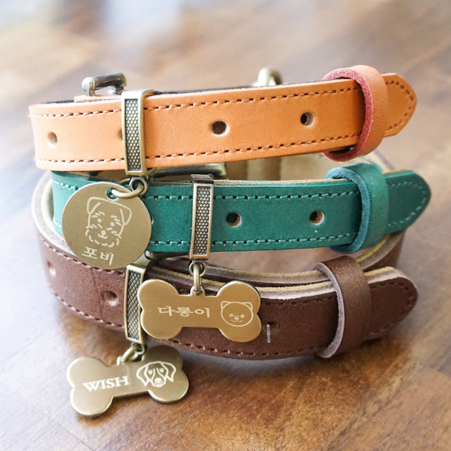 강아지목줄 소/중/대형견 이태리 소가죽 이름표 목줄, 브라운, 1개