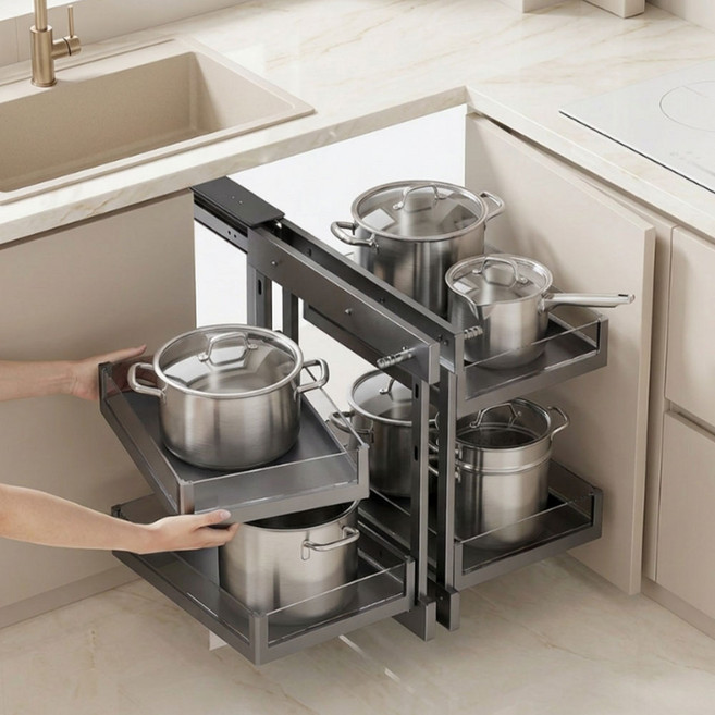 모아람 주방 싱크대 하부장 코너장 슬라이딩 매직 선반, 1개, 그레이