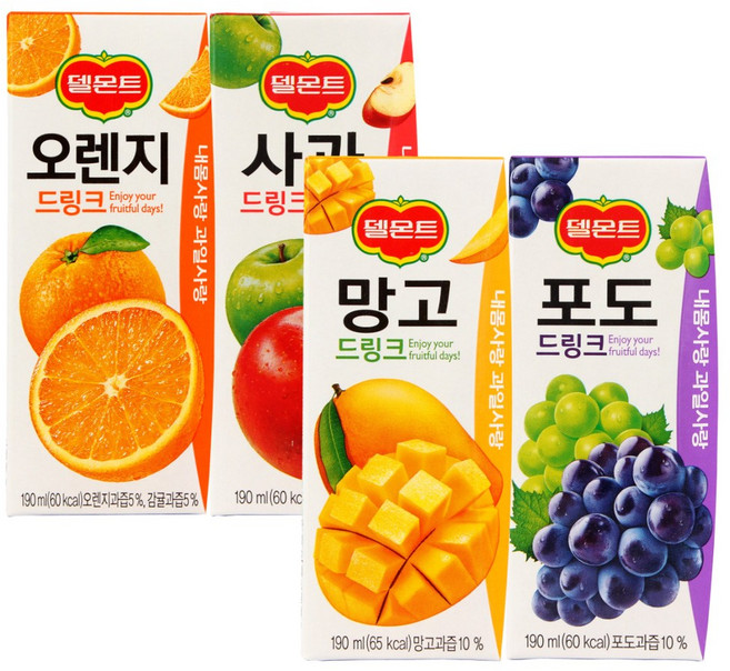 델몬트 드링크팩 4종세트 오렌지 사과 망고 포도 24개씩, 190ml, 96개