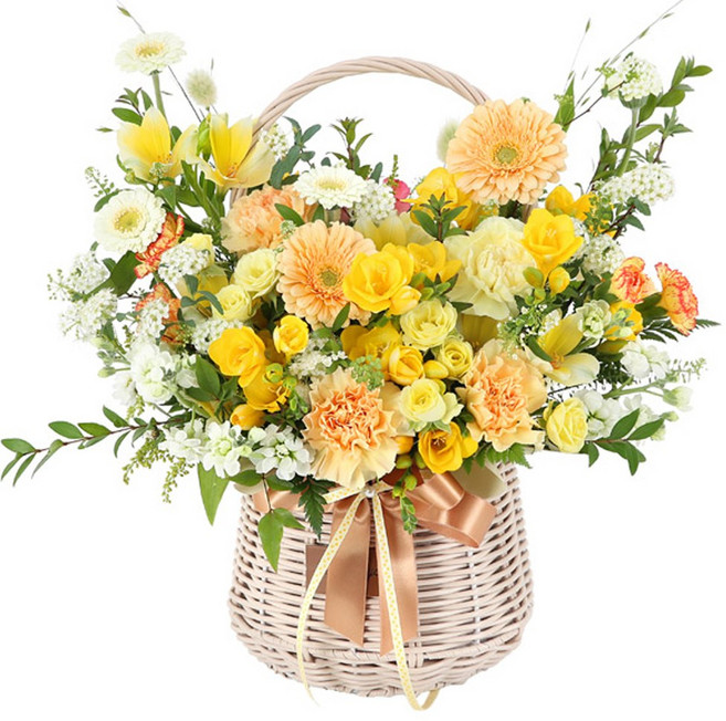 (오늘도착) 99플라워 풍성한 꽃바구니 "다정한 인사" 옐로우 피치 미니장미 ST-A2033 - 생일 기념일 결혼기념일 당일꽃배달 전국당일배송 생화, 13.[ST-A2033]다정한 인사, 1개