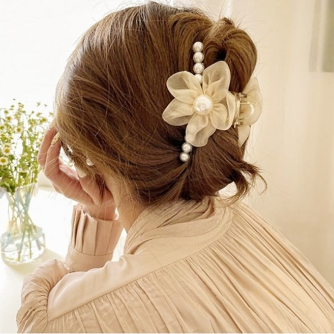 쉬폰 플라워 진주장식 리본 빅사이즈 반 올림머리 헤어 집게핀 머리핀 여성 왕집게핀