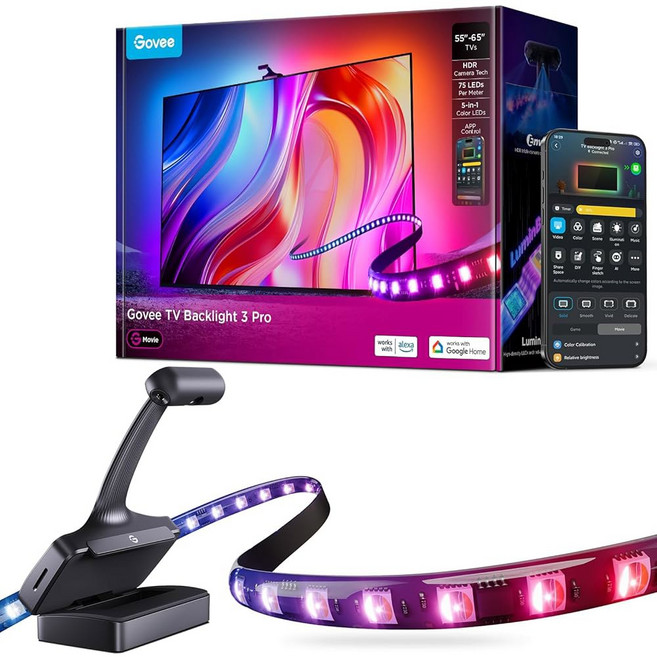 고비 TV 백라이트 3 프로 HDR 트리플 카메라 55-65인치 TV로 변경되는 11.8피트 5-in-1 RGBWIC LED 스트립 조명 75LED/m AI 필터 스마트, 11.8FT for 55''-65'' TV