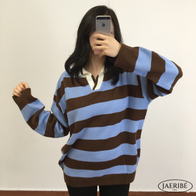 쩨리베 배색 단가라 카라 니트 루즈핏 국내제작