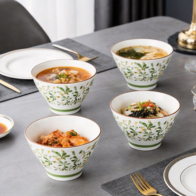 WHH 라면 그릇 우동 짬뽕 덮밥 냉면 면기 순수 도자기 면기 세트, 4개, 그린