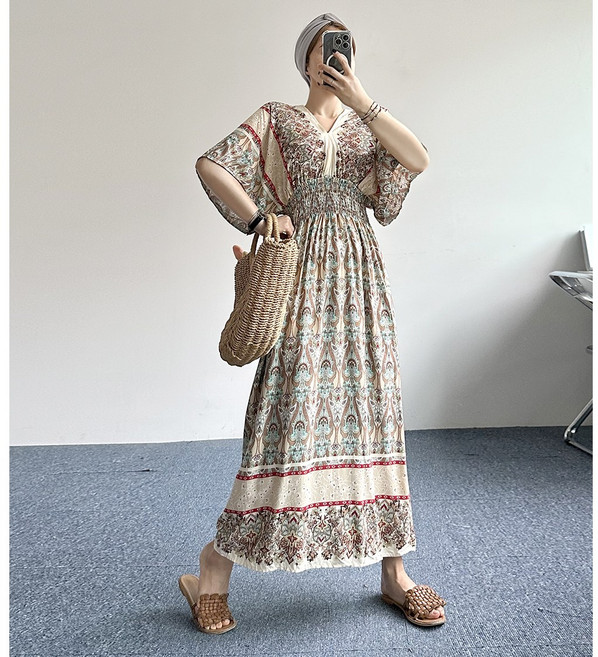 에이스토리 양브이넥 에스닉 여름 플라워 롱 원피스 바캉스룩