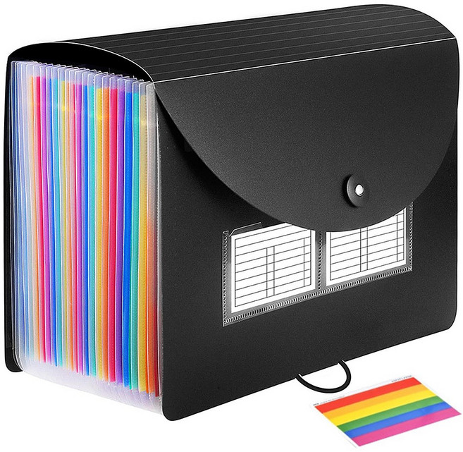 [37포켓 대용량 덮개형] 아코디언파일 무지개+인덱스 라벨 스티커 포켓파일, 아코디언 37포켓 덮개형