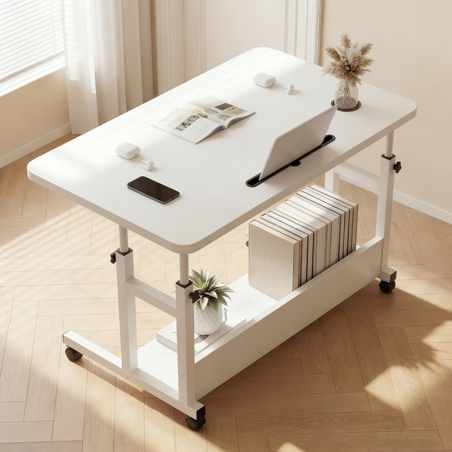 UniNest E0급 800*500 이동식 높이조절 보조 사이드 테이블, 화이트