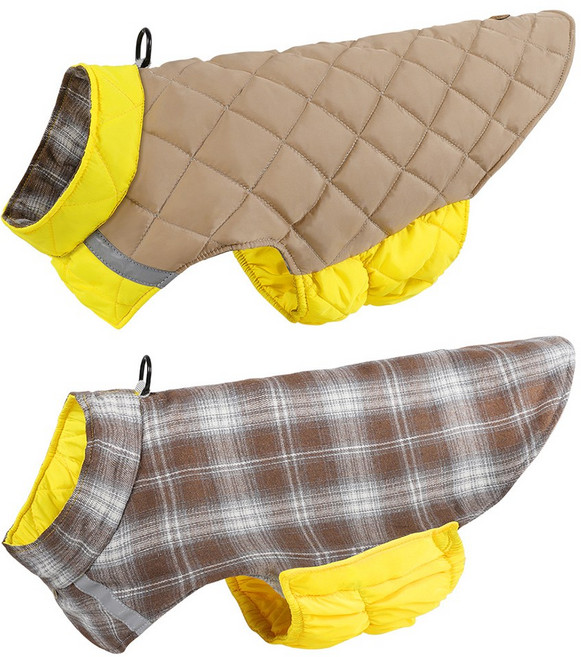 대형견 양면 경량 패딩 8가지 사이즈 깔깔이 하네스 벨크로 체크 조끼, 1개, 베이지옐로우