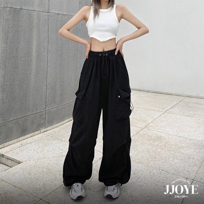 쪼예 나일론 카고 스트링 와이드 조거 밴딩 팬츠