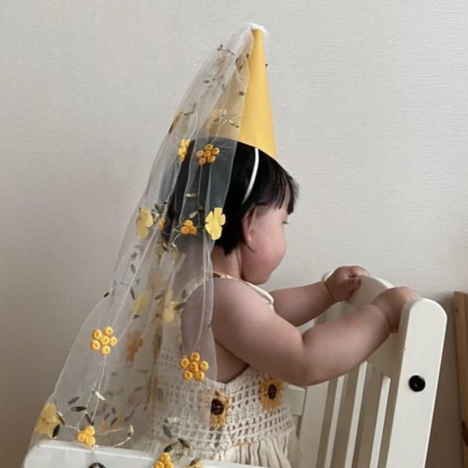 라라빈파티 생일 머리띠 축하 파티 꽃 베일 꼬깔 모자 면사포고깔 인생네컷용품 할로윈 마녀 요정 어린이집 소품, 꽃베일 꼬깔-노랑