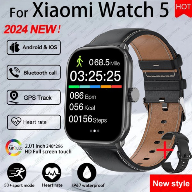 Xiaomi Watch 5 글로벌 버전 남성 여성 HD AMOLED 스크린 심박수 블루투스, 샤오미 워치 5용, 검은 가죽