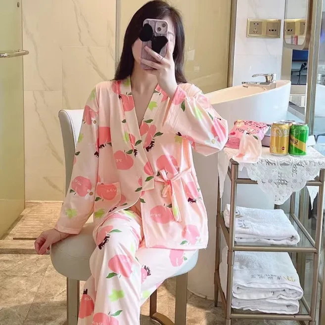 女士和服睡衣長袖薄款套裝, 水蜜桃