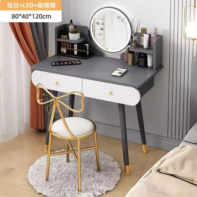 침실 모던 화장대 호텔 펜션 블랙 그레이 일체형 거울 세트 심플 파우더룸, 그레이 80cm + 램프 + 골드 나비 스툴, 그레이 80cm + 램프 + 골드 나비 스툴
