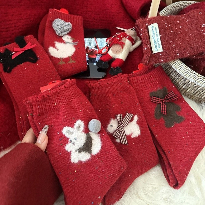 Banjiwu 여성 귀여운 동물 울 겨울 양말 보온 수면 양말 빨간 양말 선물 두꺼운 양말 장목 양말 중목 양말 패션 순면 양말 5족 세트