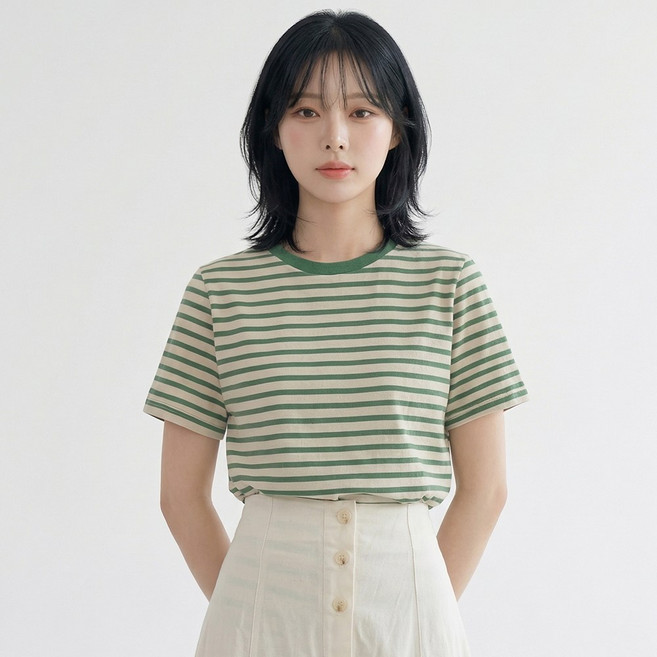 엠제이스타 여성용 베이직 줄무늬 라운드넥 스트라이프 반팔 티셔츠 5color