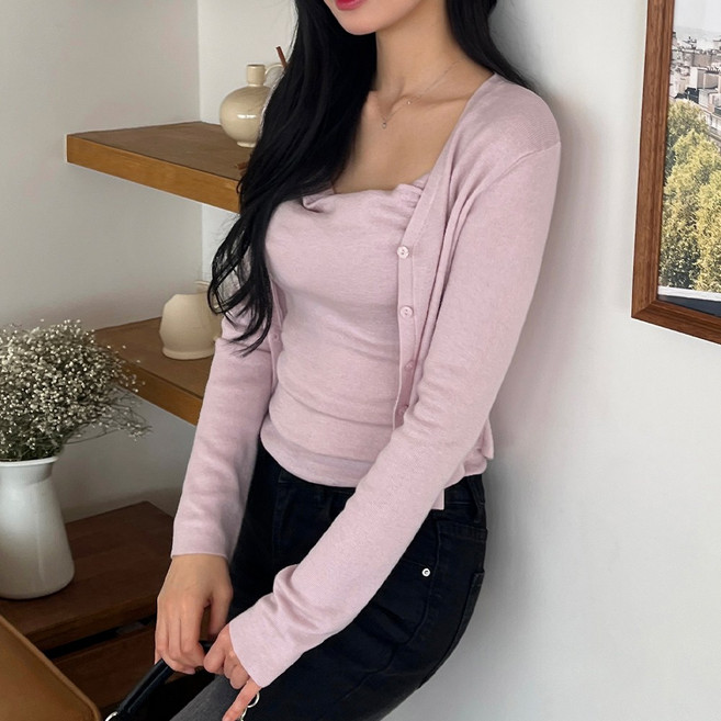 [디아미뇽] 로시에 셔링 니트 나시 긴팔 가디건 세트