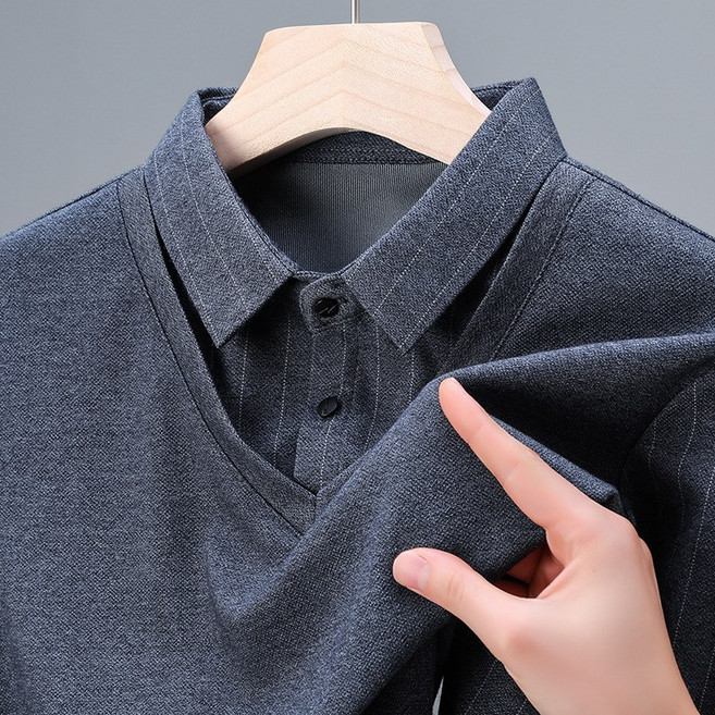 남성 봄가을 중장년 비즈니스 캐주얼 남성 스트라이프긴팔 폴로셔츠