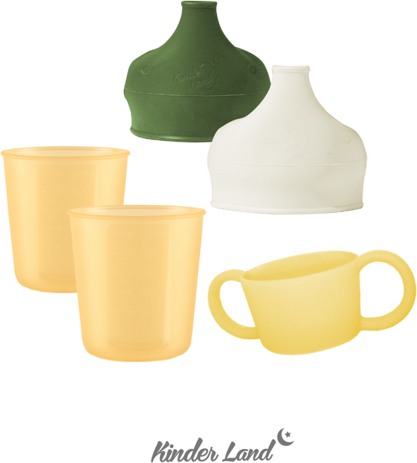 [킨더랜드] 유아/키즈컵 컵2개+뚜껑2개+손잡이1개+일회용빨대증정, 밀크+딥그린, 1세트, 300ml