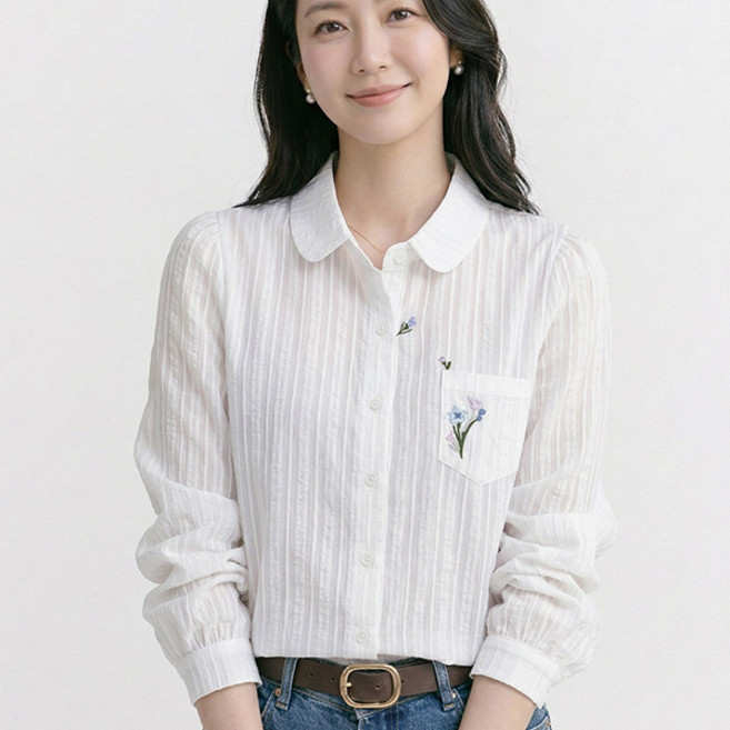 나바바 NB3030 여성 깔끔 오피스 플라워 자수 둥근 카라 긴팔 셔츠