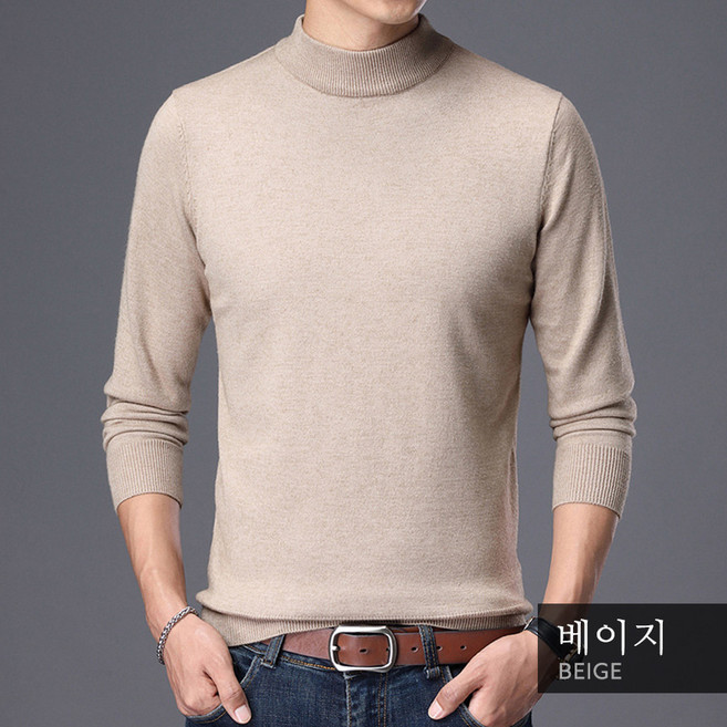 남성 반목 소프트 슬림 레이어드 긴팔 니트 티셔츠 소프트본하프넥니트