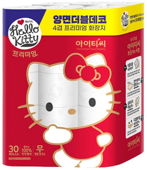 ITC 헬로키티 프리미엄 레드 4겹 천연펄프 고급 롤 화장지, 30m, 30개입, 1개