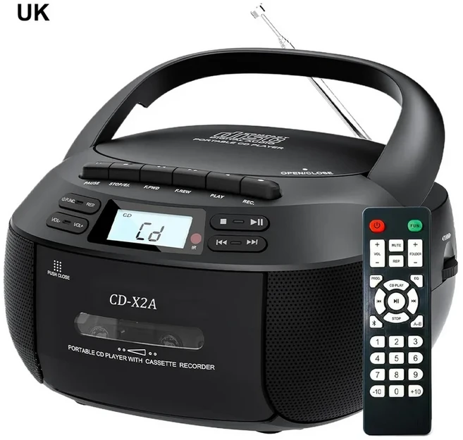 휴대용 CD 붐박스 CD 카세트 플레이어 콤보 레코더 CD 라디오 FM AM 블루투스 USB MP3 AC DC 전원 붐박스 (, 01 빠른, 06 Black UK Plug