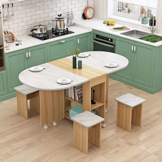 한결가 공간활용좋은 2인용 4인용 6인용식탁 원목테이블 확장형 접이식 식탁, 40. 120*60 월넛 대리석무늬(라운드)+의자4개