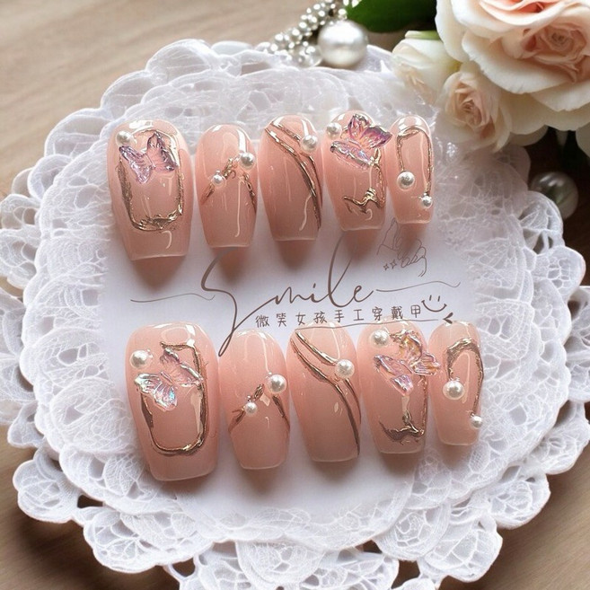 Smile 微笑女孩 手工穿戴甲 冰透粉珍珠立體蝴蝶 中長款美甲片, 1個, 冰透粉珍珠立體蝴蝶S