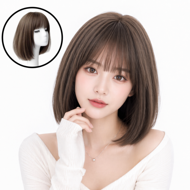 상덕 단발머리 패션 통가발 내추럴 숏컷 쇄골발, 쿨 브라운, 1개