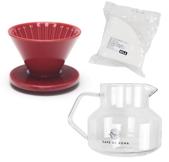 CAFEDE KONA 時光陶瓷濾杯套組 (附濾紙與咖啡壺), 櫻桃紅, 1個