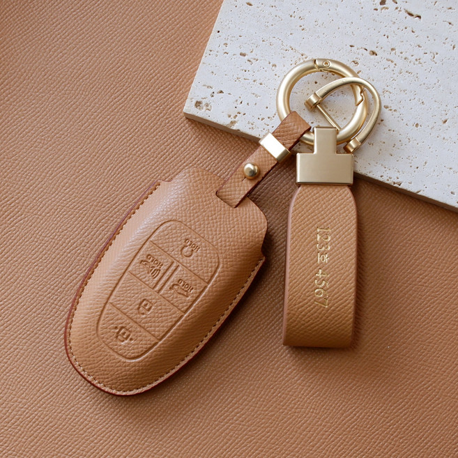 (무료각인)트니르 현대 호환 쏘나타DN8 더뉴그랜저 더뉴싼타페TM 더올뉴투싼NX4 넥쏘 스타리아 더뉴팰리세이드 차 키케이스 가죽 + 키링 차량용품 키홀더, 현대B타입(5버튼), 샌드브라운